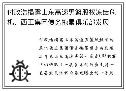 付政浩揭露山东高速男篮股权冻结危机，西王集团债务拖累俱乐部发展