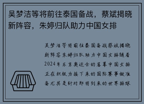 吴梦洁等将前往泰国备战，蔡斌揭晓新阵容，朱婷归队助力中国女排
