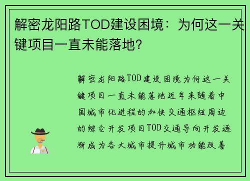 解密龙阳路TOD建设困境：为何这一关键项目一直未能落地？