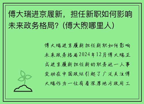 傅大瑞进京履新，担任新职如何影响未来政务格局？(傅大煦哪里人)