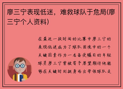 廖三宁表现低迷，难救球队于危局(廖三宁个人资料)