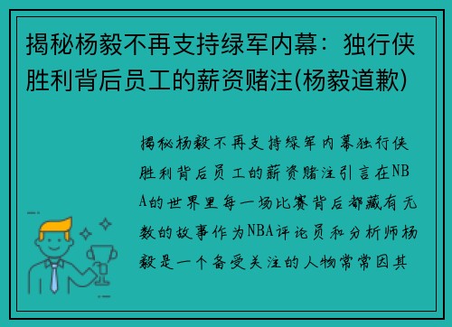 揭秘杨毅不再支持绿军内幕：独行侠胜利背后员工的薪资赌注(杨毅道歉)