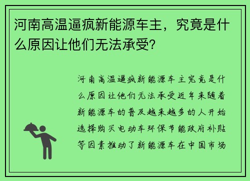 河南高温逼疯新能源车主，究竟是什么原因让他们无法承受？